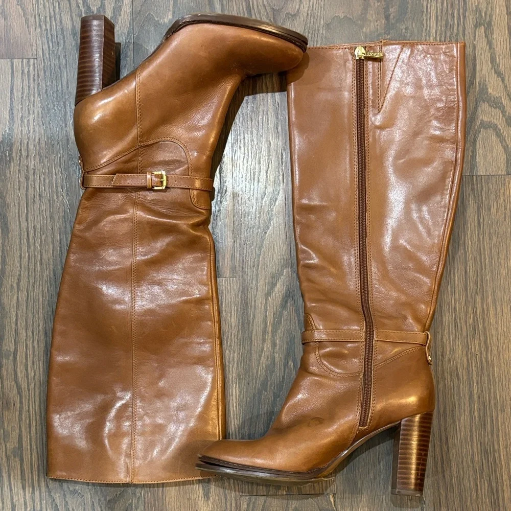 Ivanka Trump Brown Knee High Zip Up Leather Boots, Size 7.5 - Picture 1 of 11
